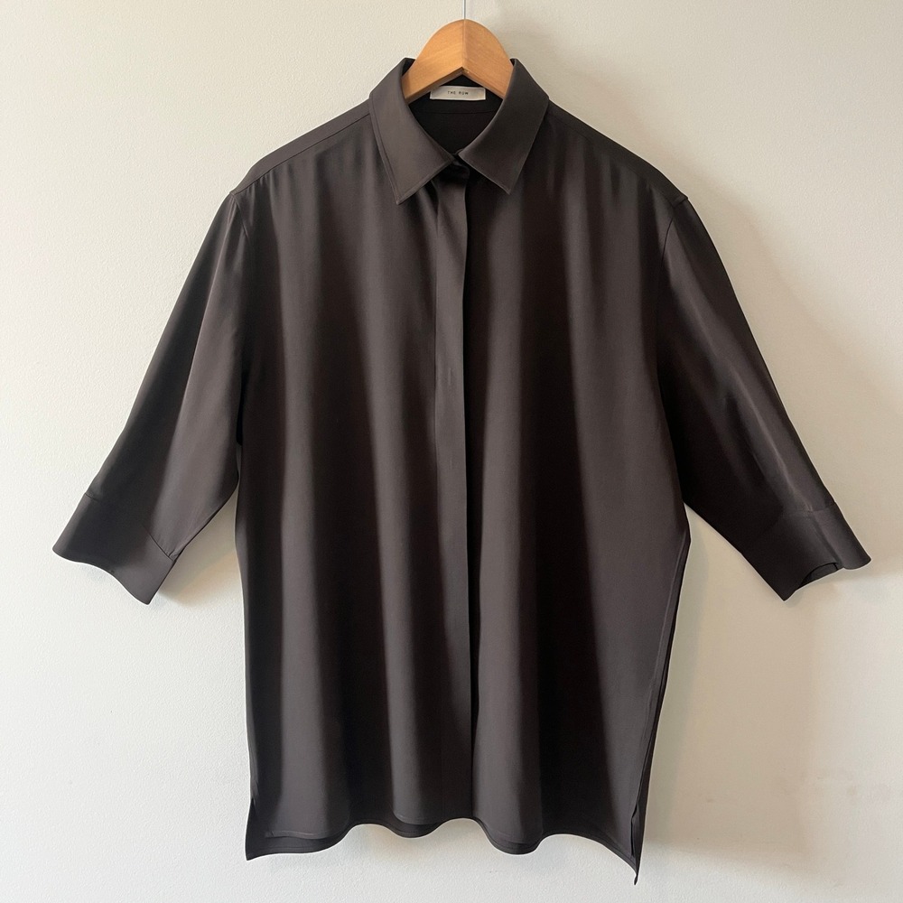 The Row Oversized Button Down Shirt Minimalist Brown 4 Wool Blend Hidden Placket